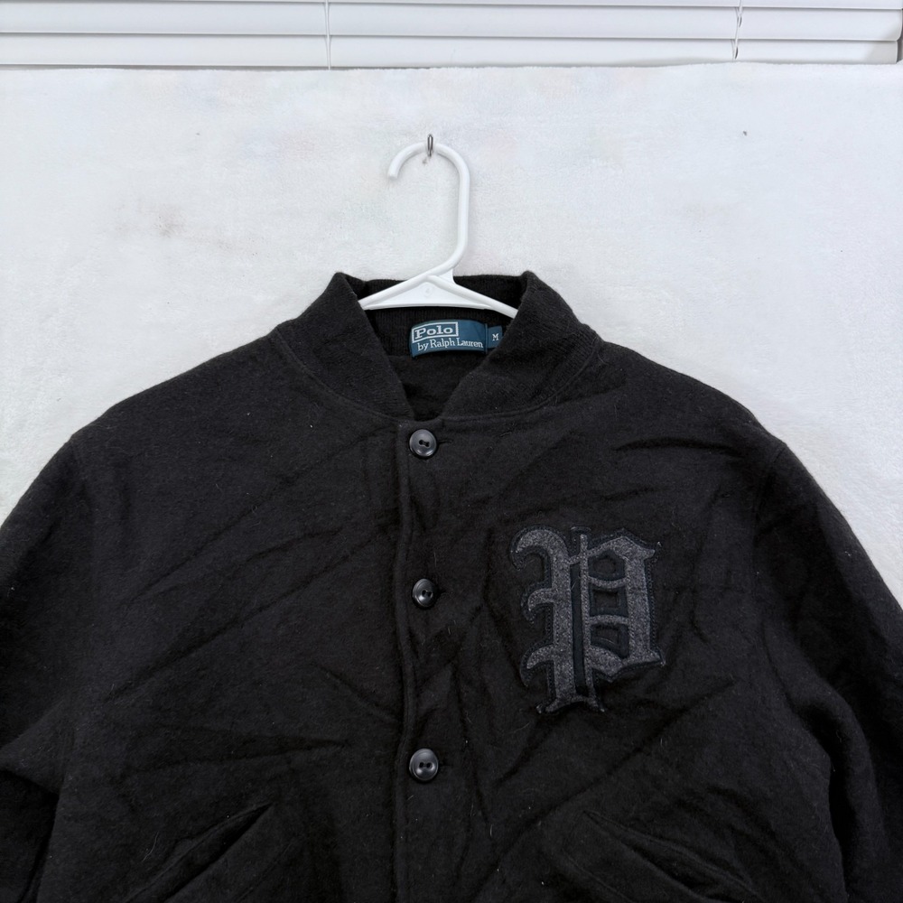 Polo Ralph Lauren Varsity Jacket Mens M Black 100% Wool P Logo Embroidered - Picture 2 of 11